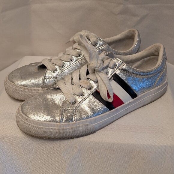 Silver Sneakers with Striped Detail - Picture 1 of 8